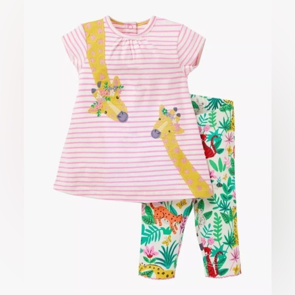 BODEN : Pink Striped Giraffe Top and Jungle Print Leggings Set